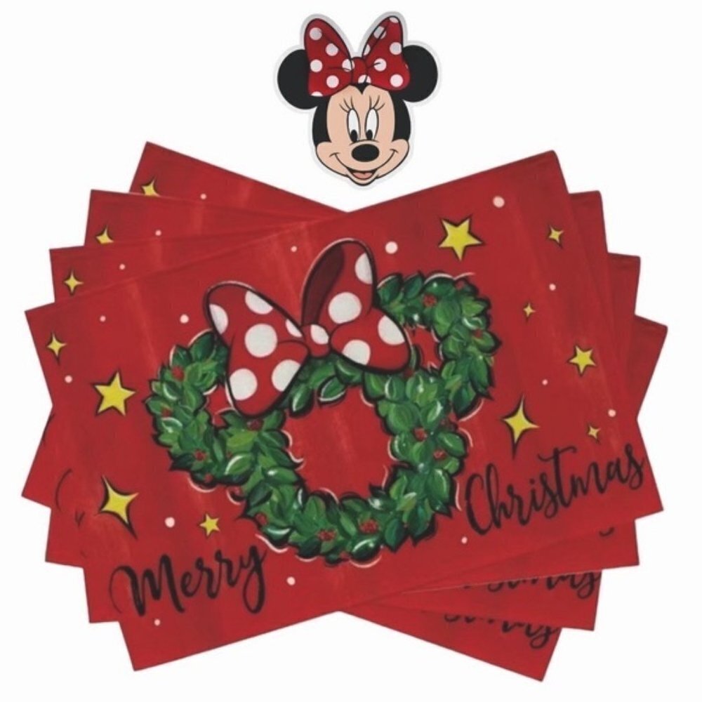 Minnie Mouse Holiday Placemats Disney Cartoon Christmas Wreath Festive Red NEW